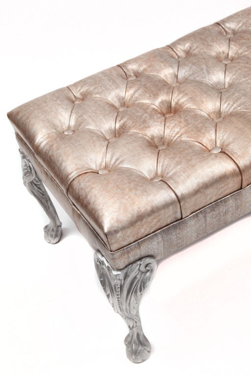 Stunning Sculpted Cast Aluminum and Button Tufted Leather Benches 1