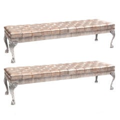 Stunning Sculpted Cast Aluminum and Button Tufted Leather Benches