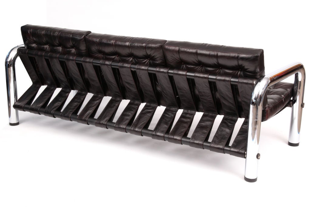 Sleek Tubular Chrome & Aubergine Leather Sofa