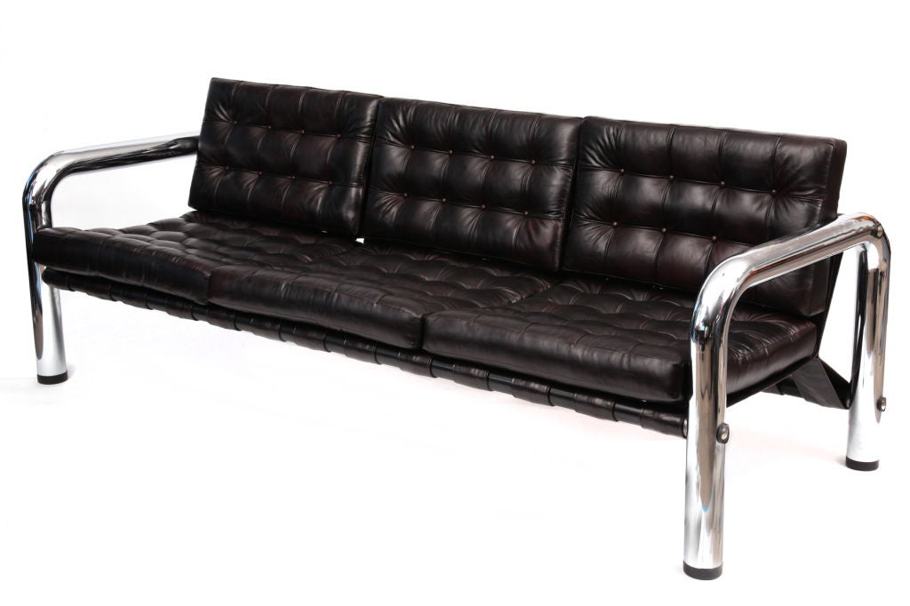 Sleek Tubular Chrome and Aubergine Leather Sofa at 1stdibs
