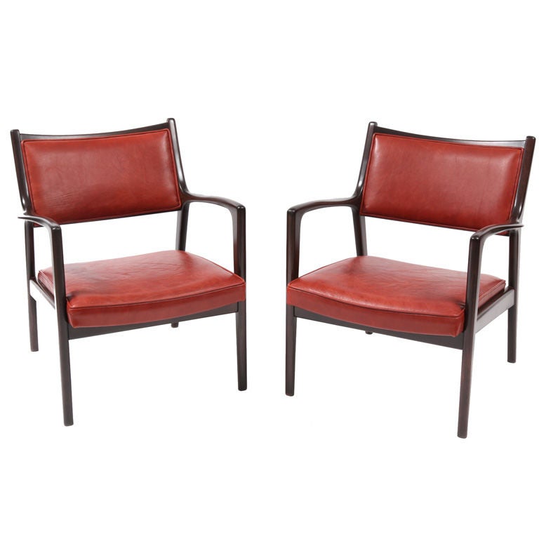 Pair of Teak and Leather Lounge Chairs