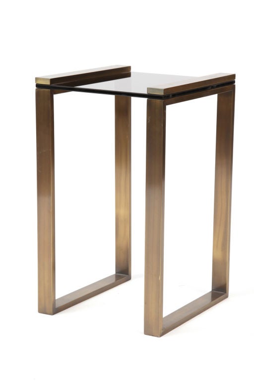 Charles Hollis Jones Metric line side table circa mid 1960's. This example has the rare combination of bronze and smoked lucite. Excellent original condition. The last few photos of this listing depict a single bronze and glass table from this same