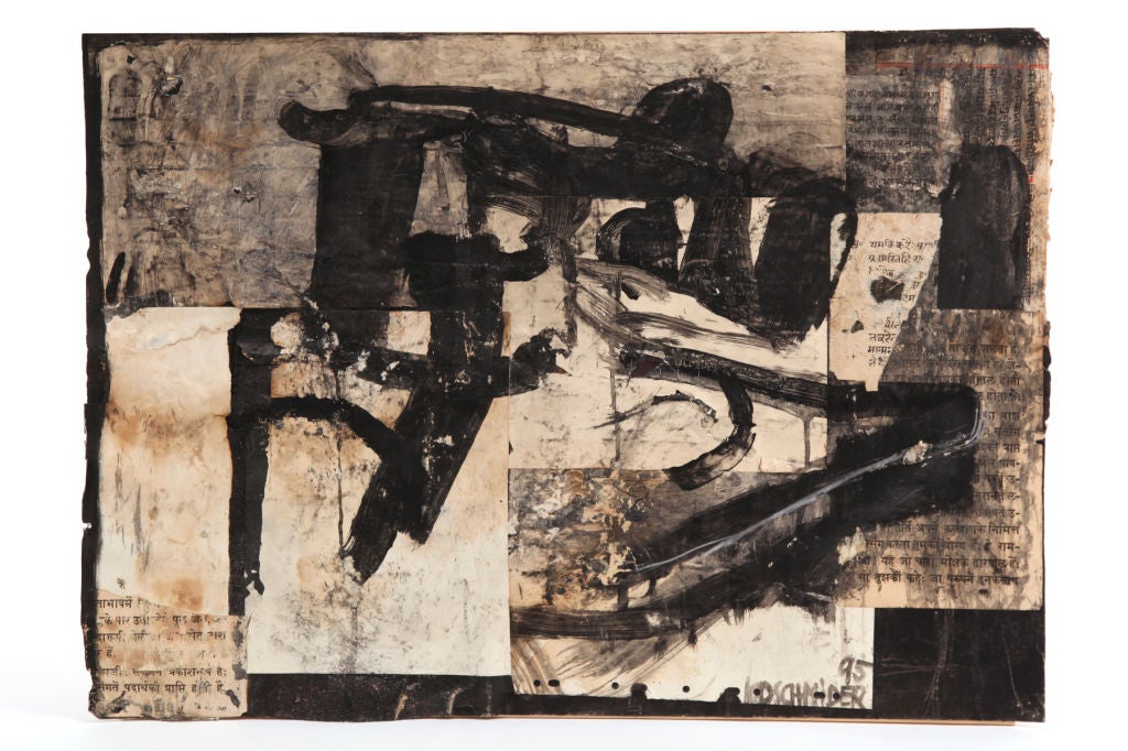 Two works on paper by B. Koshmider circa 1993 and 1995. These black and white examples incorporate oil on paper old text and decoupage. Price is per piece.
