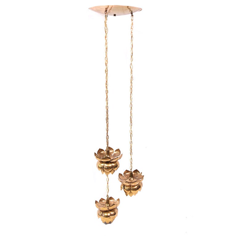 Three Brass Lotus Lamp Chandelier