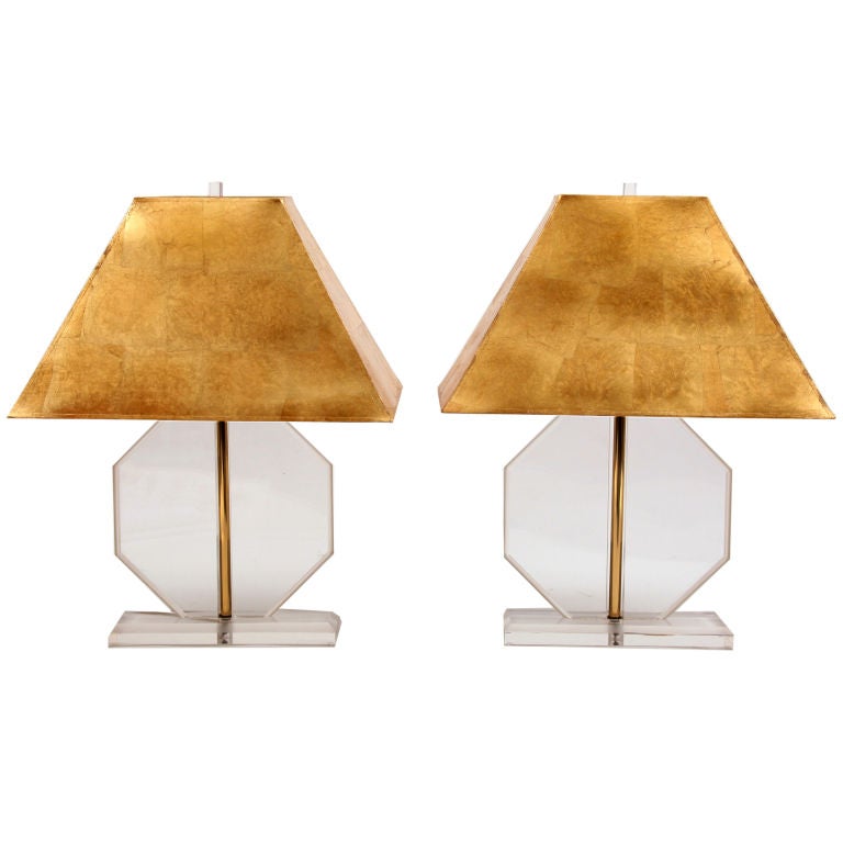 Lucite & Brass Lamps with Custom Gold Leaf Shades