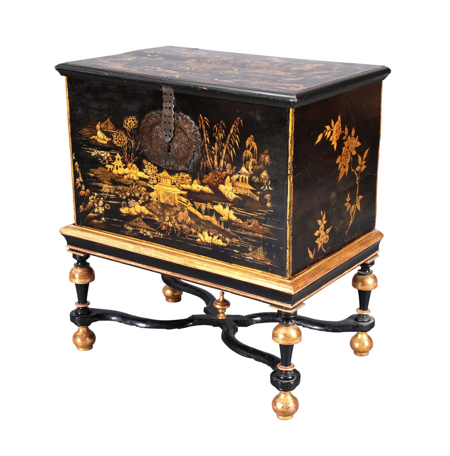 Gilt and Black Japanned Box on Stand
