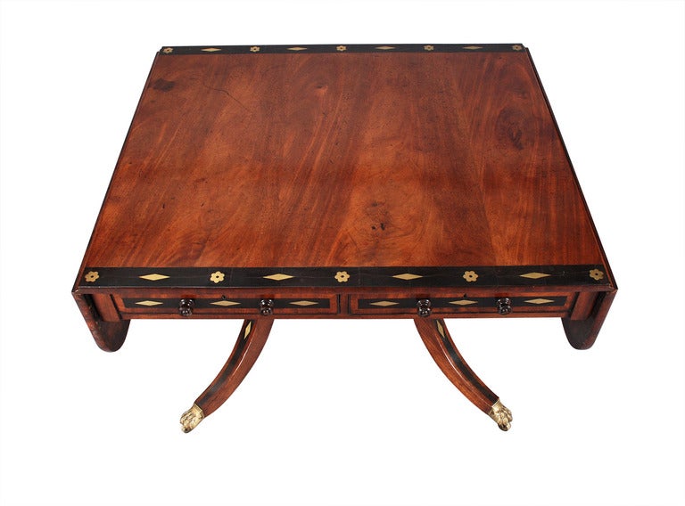 English Regency Period Mahogany Library Table with Brass Inlay For Sale