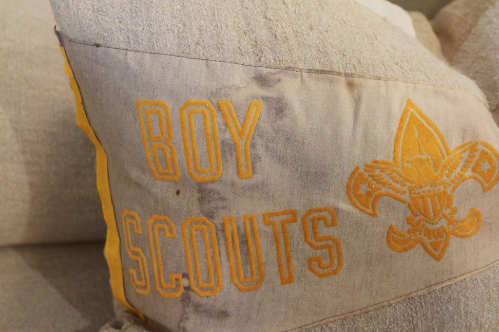 Vintage Boy Scout Penant sewn and backed on vintage patched, grainsack.  Feather and down insert, with zipper enclosure