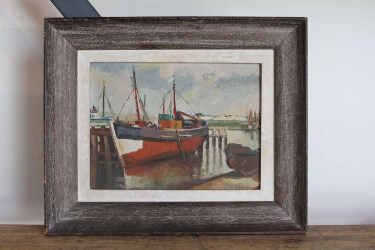 Old framed boat painting, signed by artist.