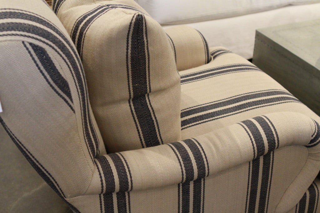 Pair of beautiful Raplh Lauren Alstead chairs, upholstered in Ralph Lauren linen stripe.  Each chair comes with pillow.