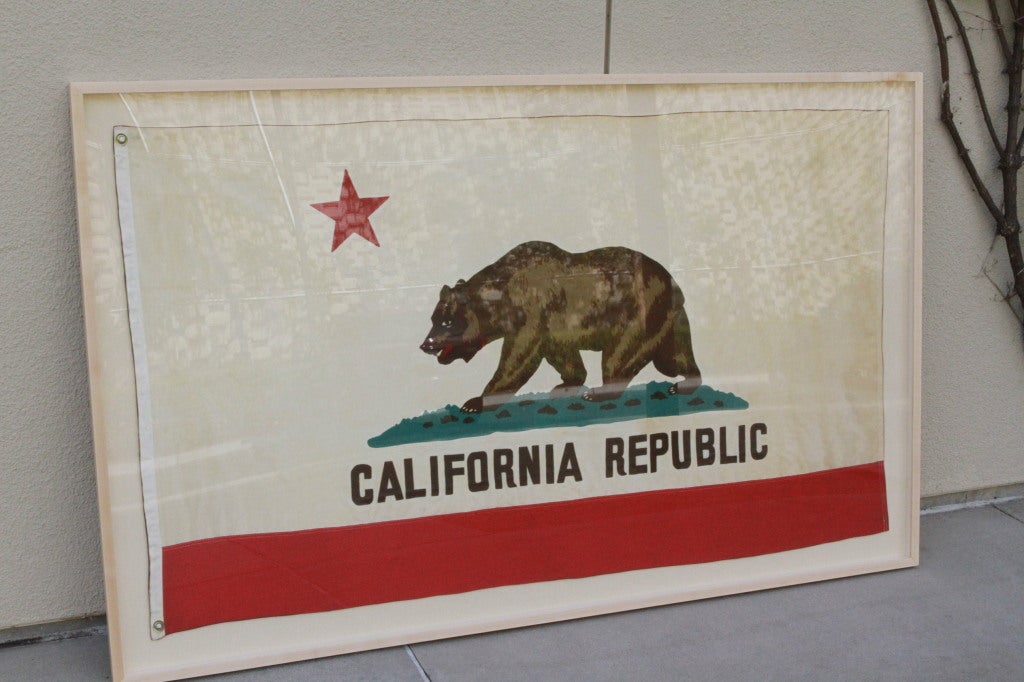Beautiful, large SCANNED copy of vintage California Republic flag with raw wood frame.  Shadow boxed, matted on linen.