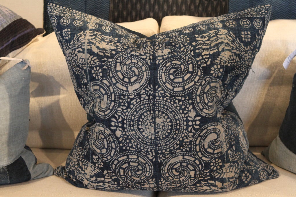 Vintage Chinese batik pillow backed in Japanese boro.  feather and down insert, zipper enclosure.
