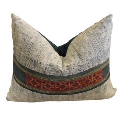 Antique Chinese Batik Pillow With Vintage Trim