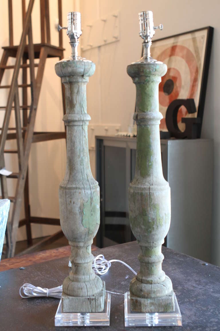 Beautiful old wood lamp bases with original paint. New wiring and base. Fabulous chipped, green colored patina