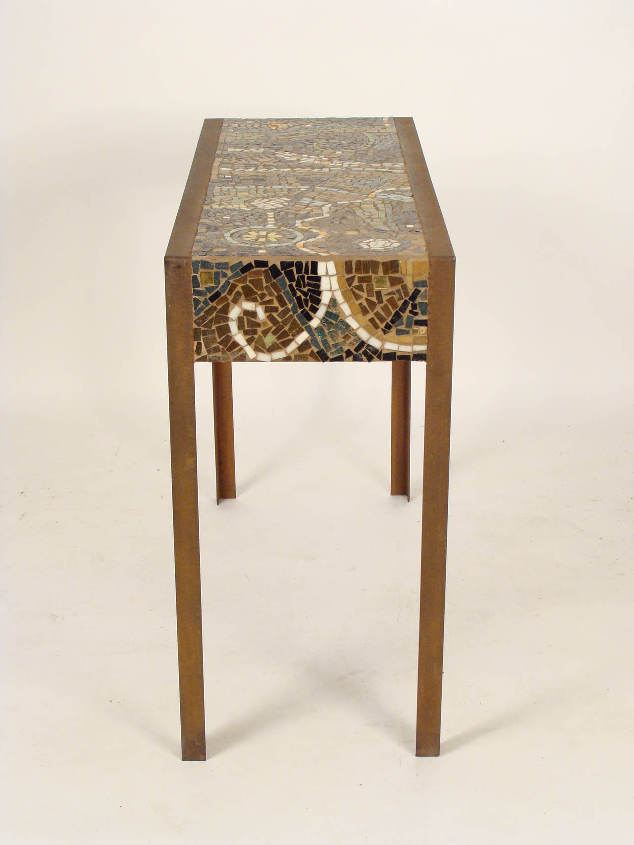 Mosaic tile top and metal console table, circa 1980.