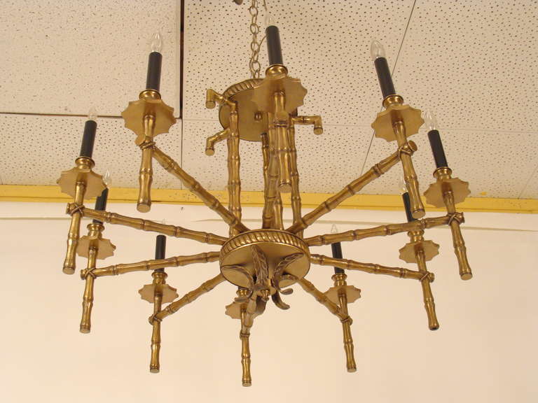 Faux Bamboo Brass Chandelier In Excellent Condition In Laguna Beach, CA