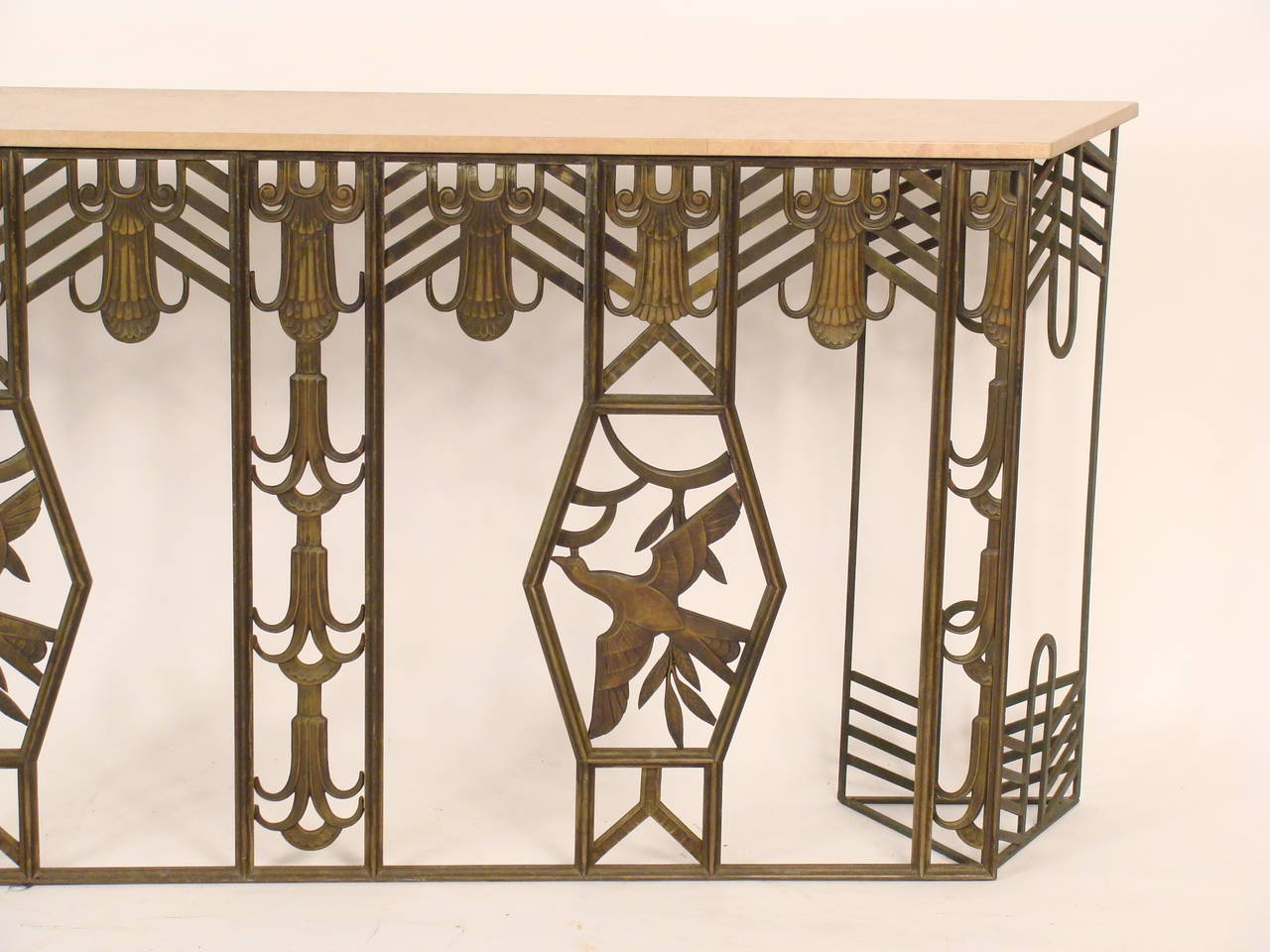 Art Deco style bronze console table with a marble top, circa 1970.