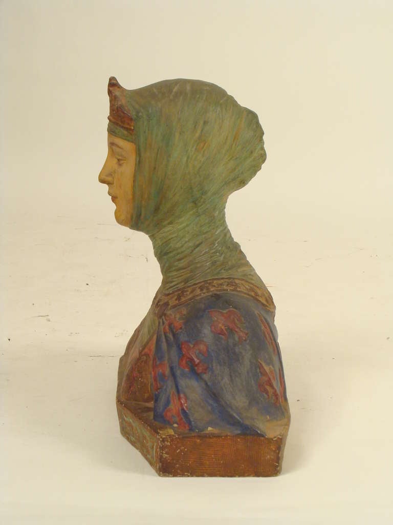 Polychrome decorated terra cotta bust of Beatrice, circa 1920. Probably made in Italy.