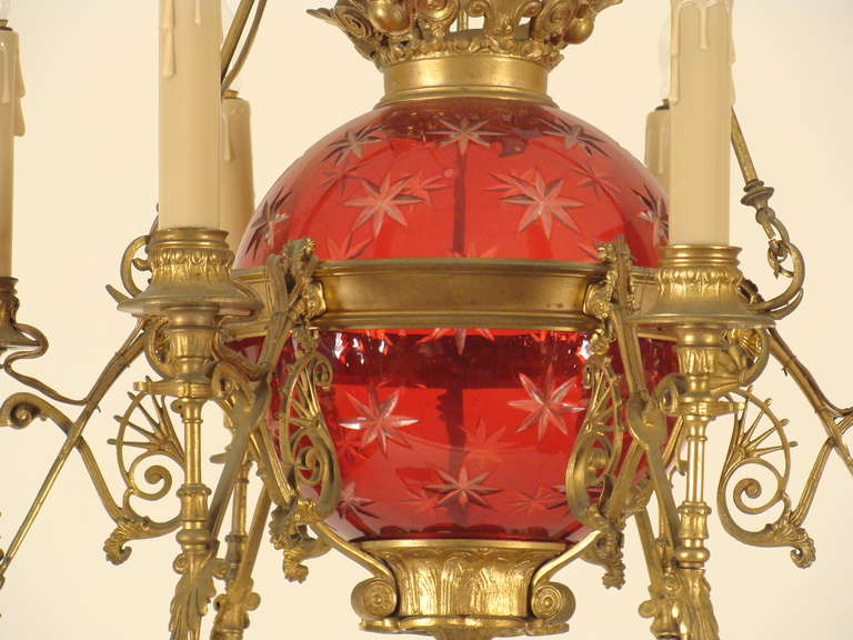 Unknown Ruby Glass and Gilt Bronze Chandelier