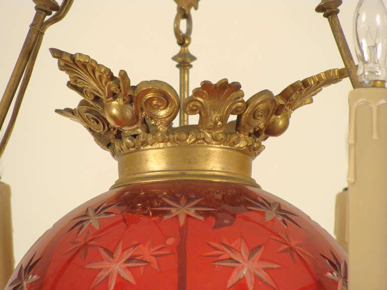 Ruby Glass and Gilt Bronze Chandelier In Good Condition In Laguna Beach, CA