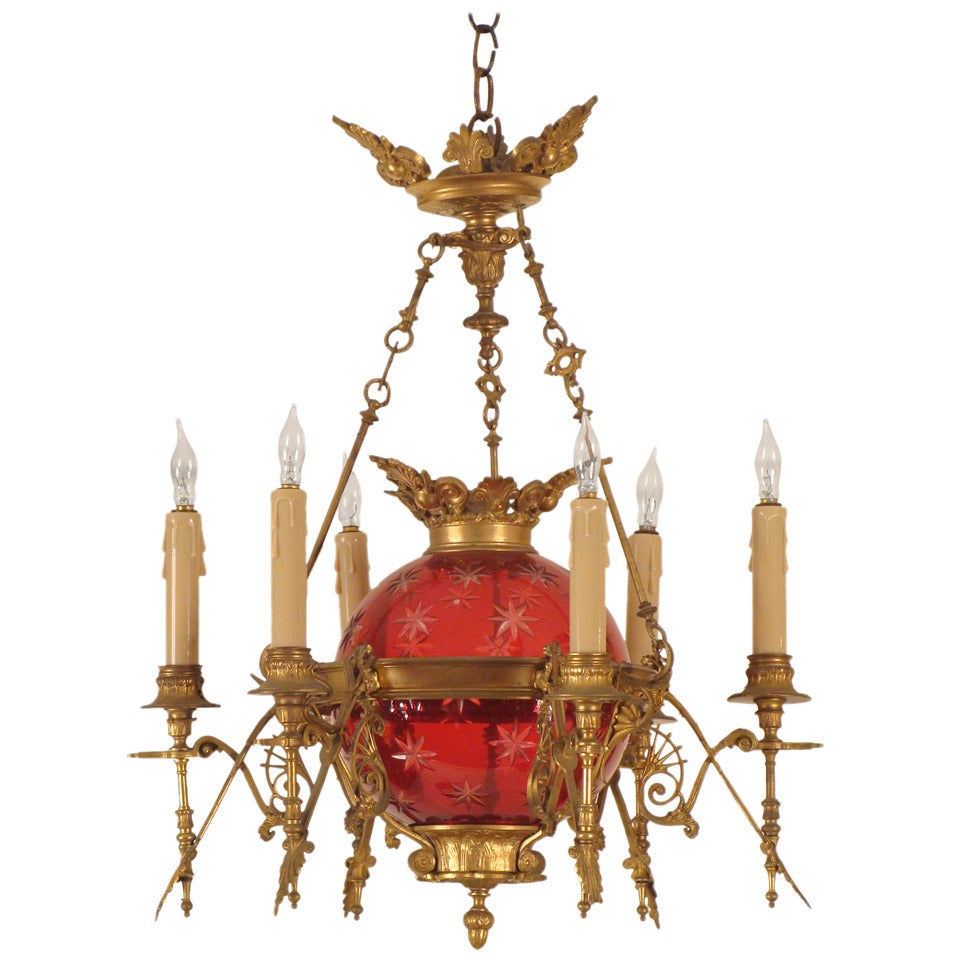 Ruby Glass and Gilt Bronze Chandelier