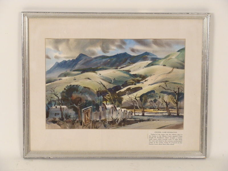 Rex Brandt (1914-2000) watercolor of camp Pendelton,<br />
mid 20th century. The frame size is 27 x 21 1/2