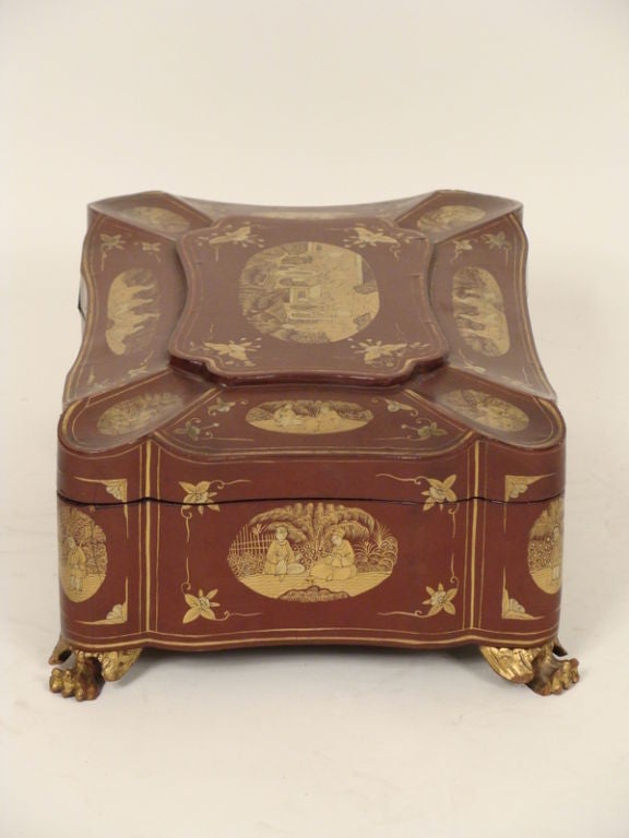 Chinese red lacquer and gilt decorated sewing box, circa 1910.