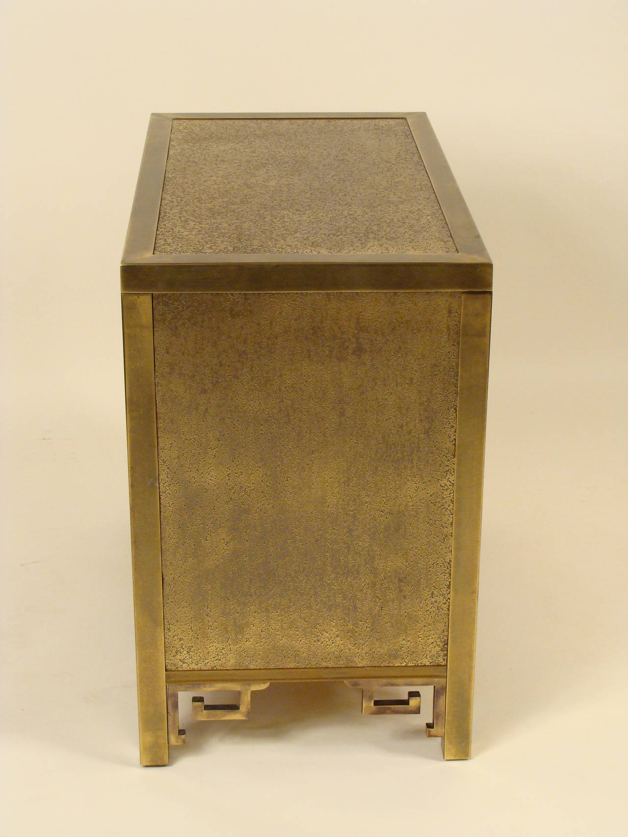 Mastercraft acid etched brass clad chest of drawers in the oriental style, circa 1990.