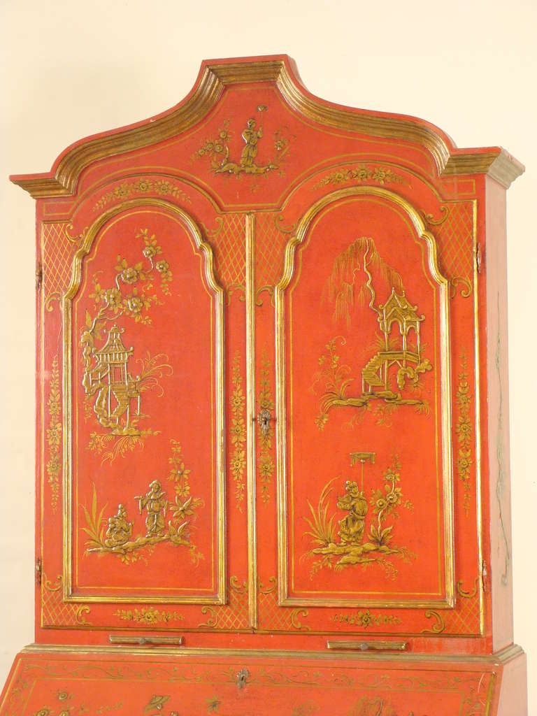 George II style red chinoiserie decorated secretary, made in Italy, mid 20th century.