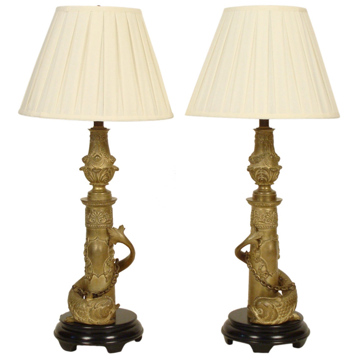 Pair Of Gilt Bronze Dolphin Form Lamps, Bronze Dolphin Table Lamp