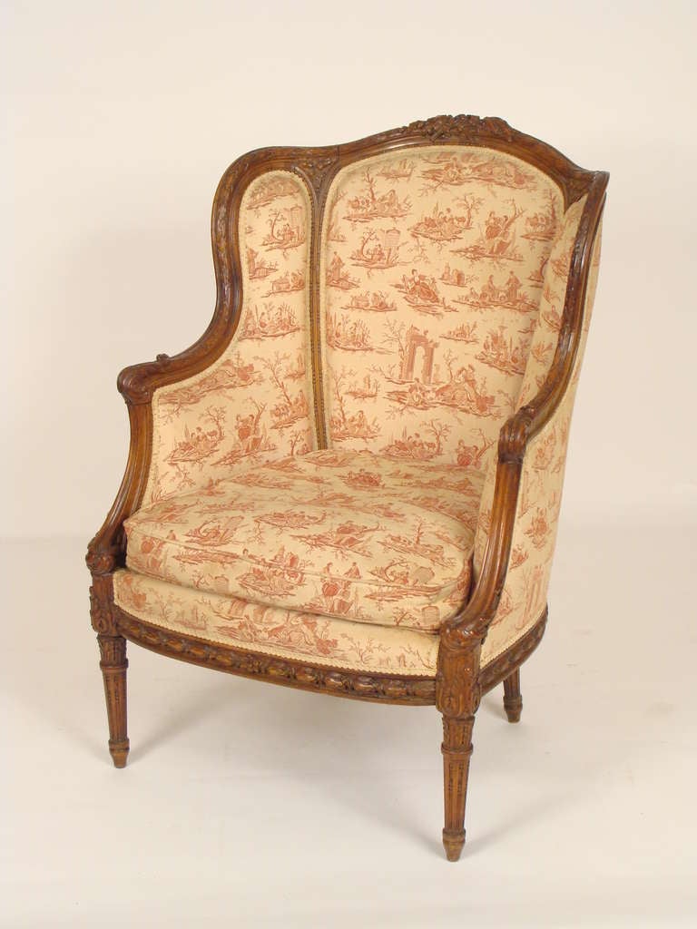 Louis XVI style carved beech wood bergere, with toile  upholstery, circa 1910.
