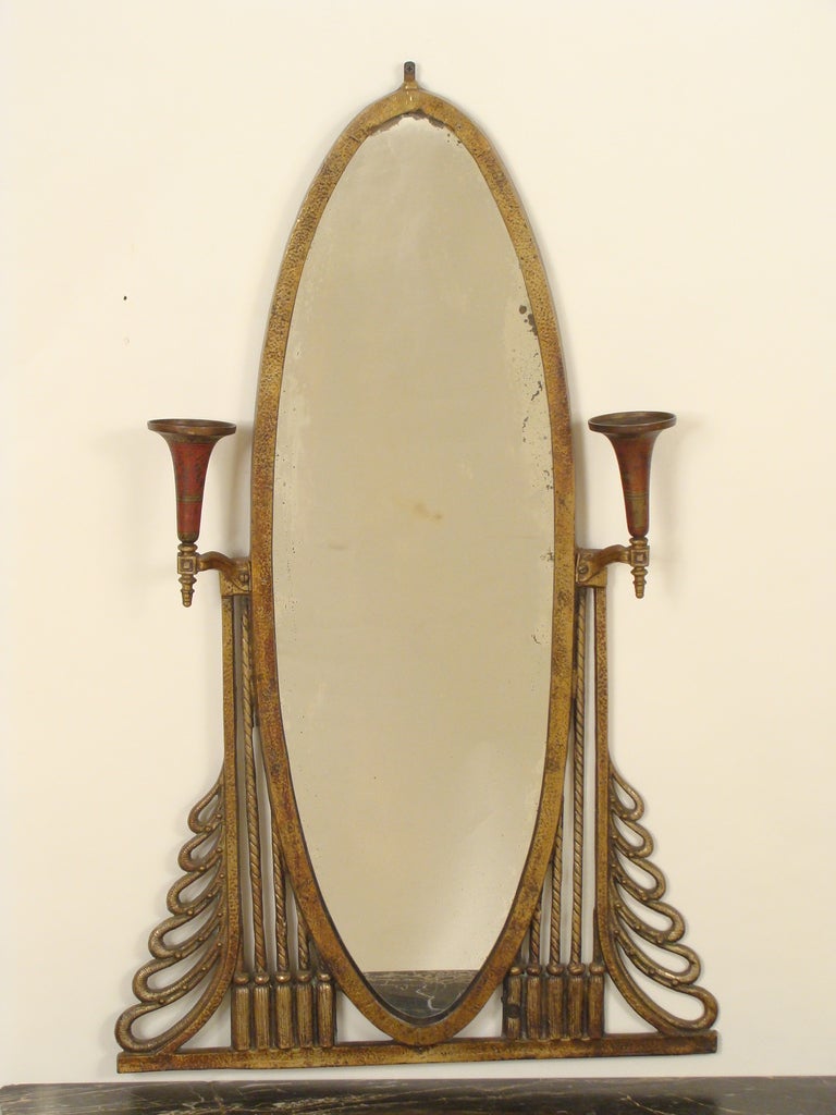Art Deco  brass and marble console table and mirror, circa 1920. Please note the dimensions on the console are, height 32 1/2' width 32