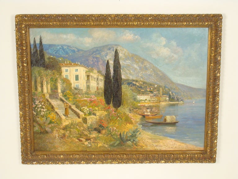 Großes:: farbenfrohes Gemälde des österreichischen Künstlers Alois Arnegger (1879-1967) mit einem See:: Bergen:: Booten und einem Schloss in Norditalien. Das Gemälde ist 46