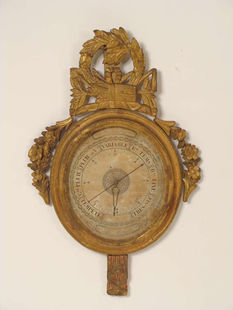 Louis XVI gilt wood barometer, early 19th century. This barometer features nice old gilding. This is barometer is decorative and does not work. The glass tube and mercury on the back are missing.