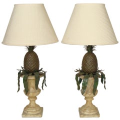 pair of painted tole pineapple lamps