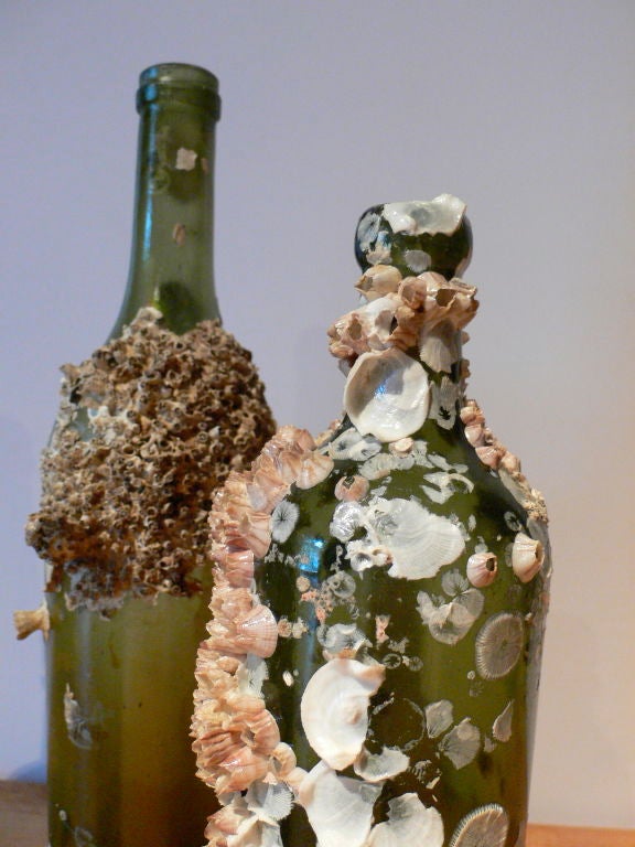 Antique glass spirit/alcohol bottles.<br />
Found in the South China Sea off the Java coast.<br />
Some of the oldest specimens have elongated necks <br />
and are called 