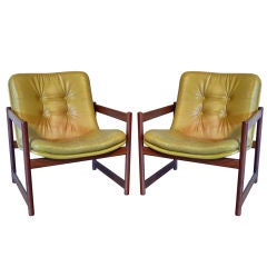 Pair of Leather and Teak Harcourt Lounge Chairs