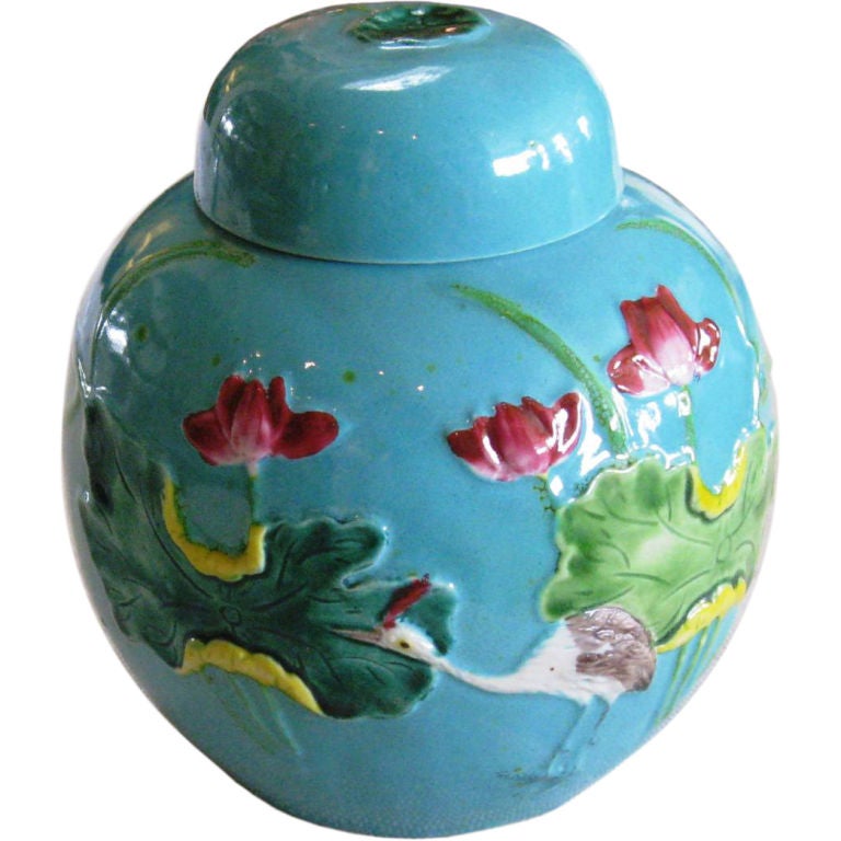 Chinese Porcelain Applique Ware Lidded Jar For Sale