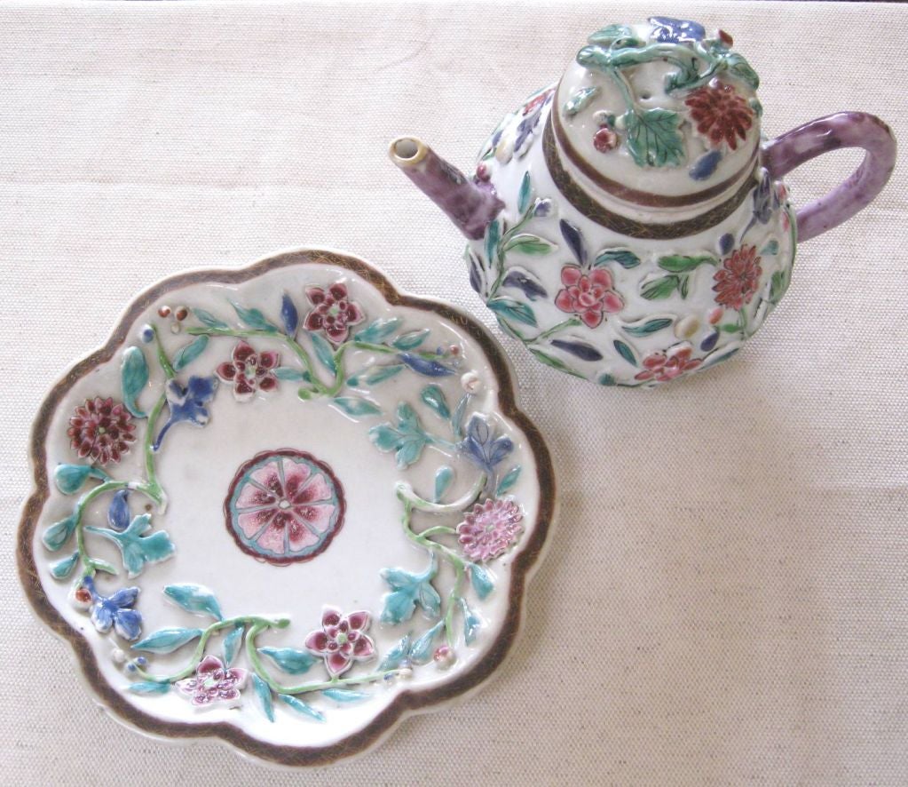 18th Century and Earlier Chinese Famille Rose Porcelain Lotus Teapot and Saucer