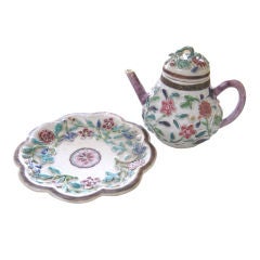 Chinese Famille Rose Porcelain Lotus Teapot and Saucer