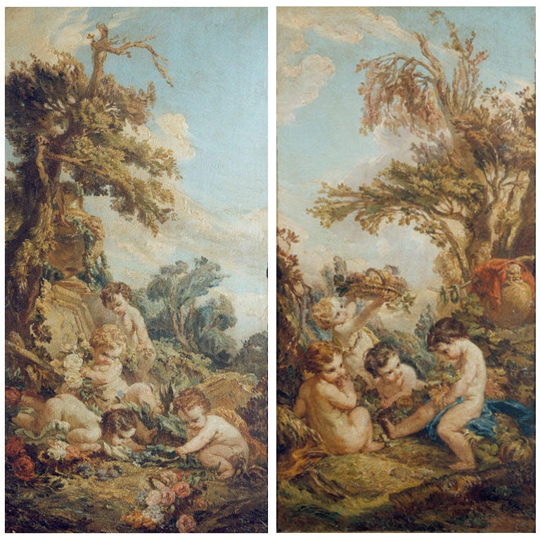 A pair of lovely vertical paintings in matching frames in the manner of Francois Boucher. Cupids play in a garden, under tall trees and among colorful flowers. A delightful romp through Rococo style!