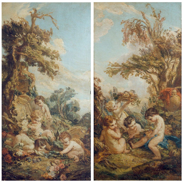 Pair of Paintings, Cherubs in the Manner of Boucher For Sale