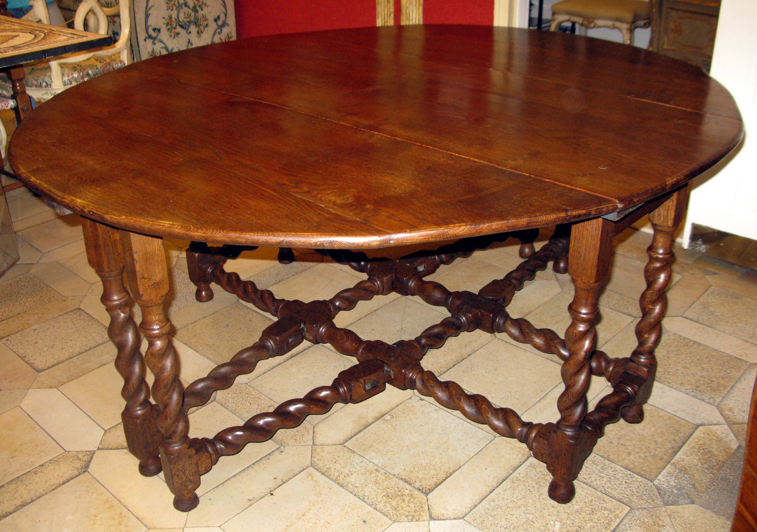 Chestnut Double Gate Leg Table With Twist Legs And Stretchers For Sale