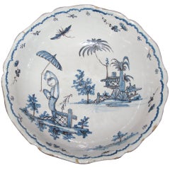 Antique Blue and White Bowl with Asian Landscape
