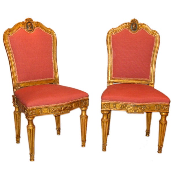 A Pair of Carved and Gilded Wood Roman Neoclassical Side Chairs For Sale