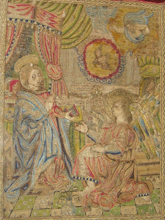 Italian A Silk and Metal Thread Embroidery of The Annunciation For Sale