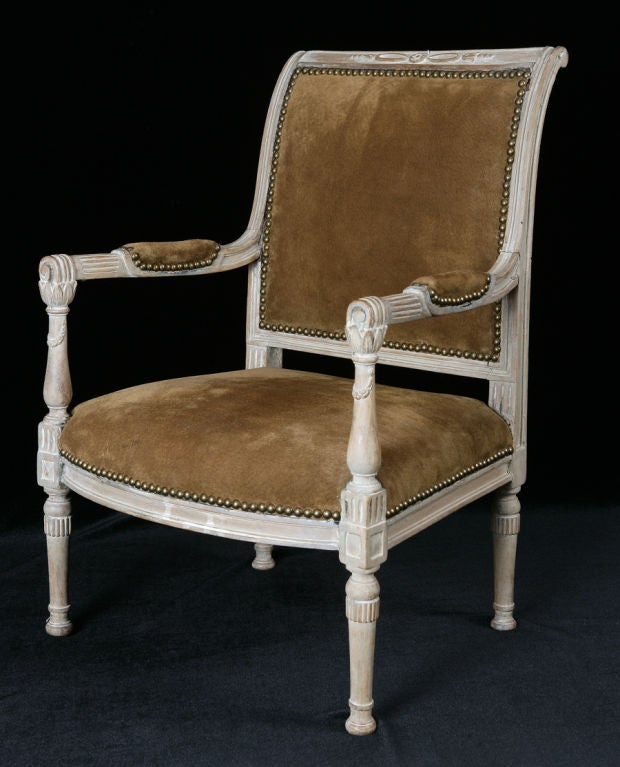 A fine French late Directoire fauteuil in exact proportion in miniature (child’s) size with suede covering and original paint.