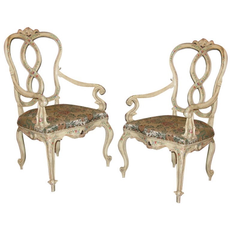 A pair of polychrome-painted wood armchairs For Sale