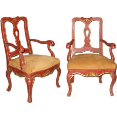 Antique A Set Of Three Red Lacquered Armchairs