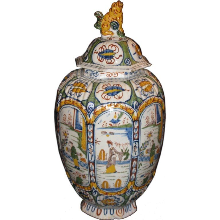 A tin-glazed polychrome Delft vase with original cover For Sale at 1stDibs